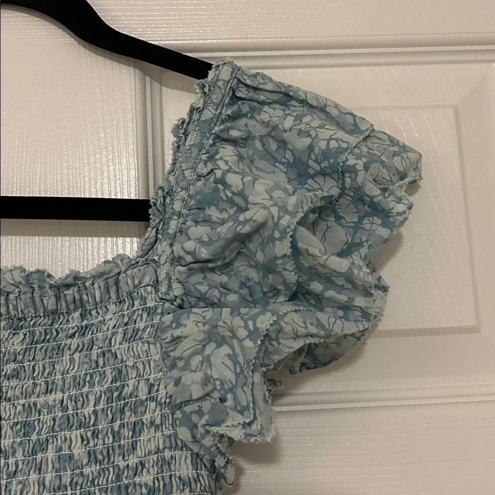 Love the Label Anthropologie Blue Flutter Sleeve Smocked Peplum Blouse